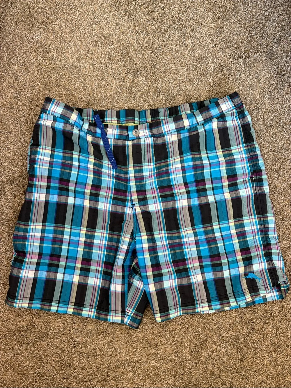 Tommy Bahama Relax Swim Trunks Mens XL Blue Teal Purple Plaid Yellow Lined - Picture 1 of 6